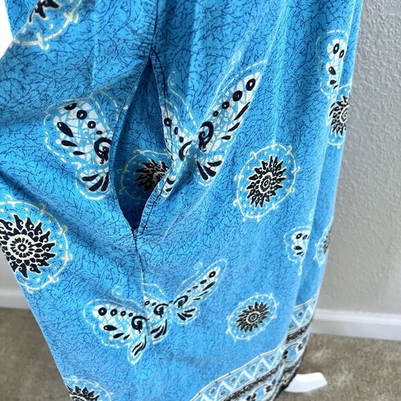 Vintage Loungees Small Blue Butterfly Mumu House Sleep Dress Kaftan Pockets - Picture 7 of 14